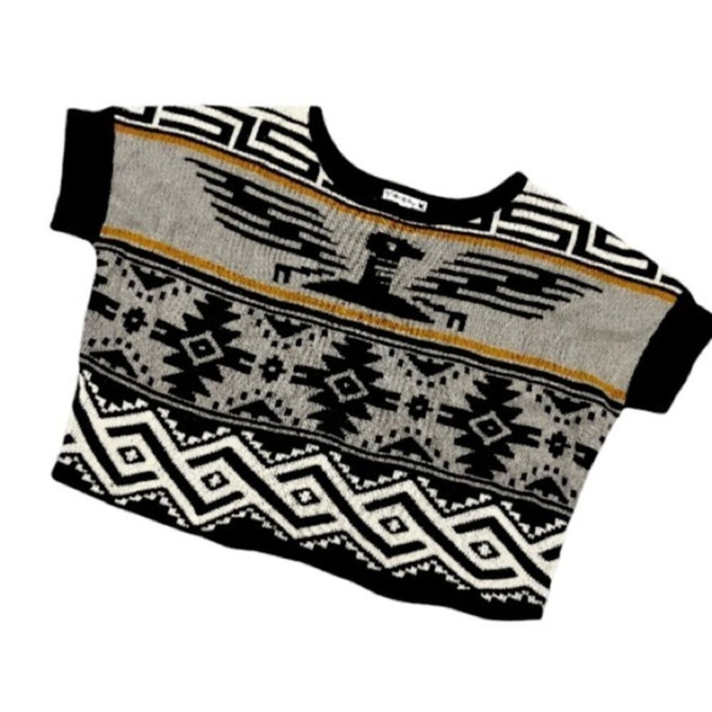 Love By Design Tribal Knit Short Sleeve Poncho Grey Sweater Med Modern Western